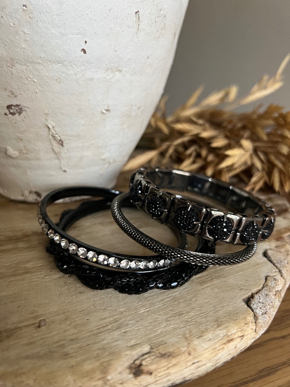 Chunky Black Gunmetal and Crystal Stacker Layering Bracelet Set
